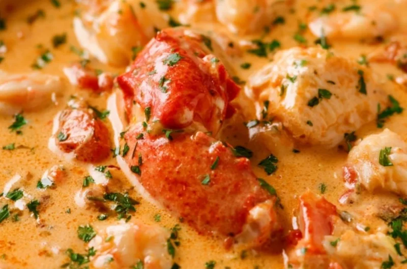 Delicious bowl of seafood bisque with shrimp and lobster garnished with herbs